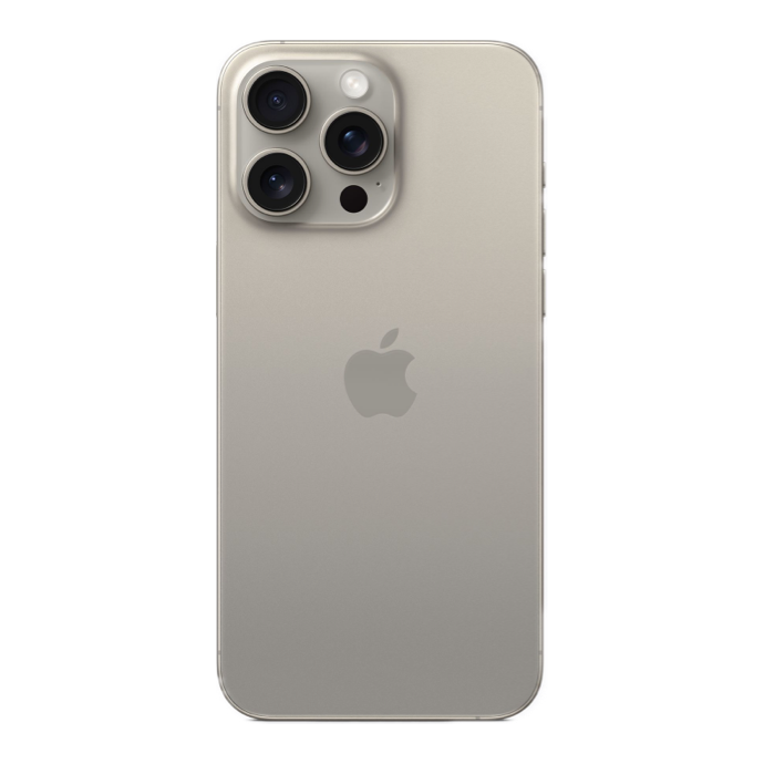 An image of the back of the iPhone 15 Pro Max in Natural Titanium.